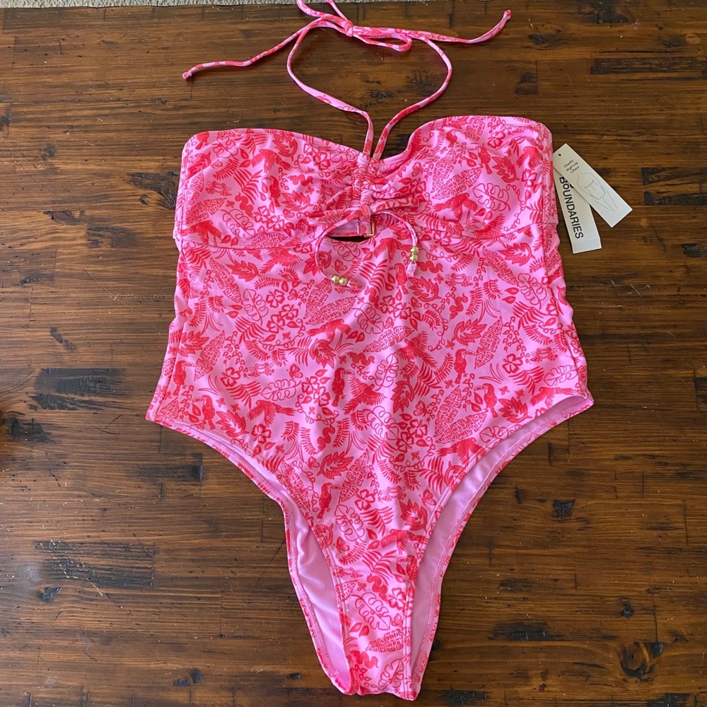 No Boundaries Pink Tropical Bird Floral One Piece Swimsuit Cheeky High Leg XL